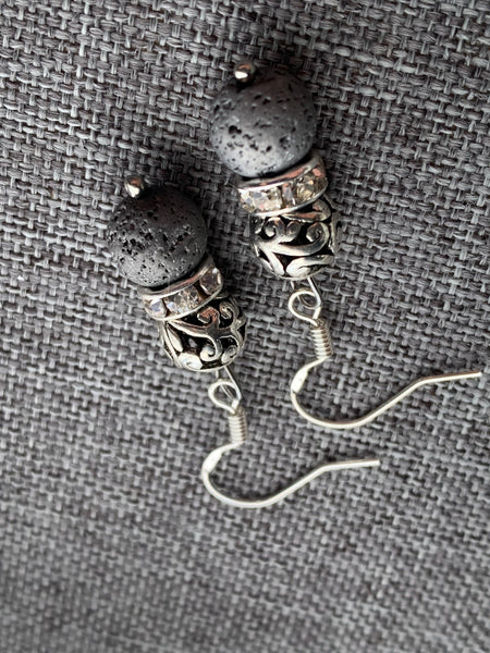 Boucles d’oreilles billes de pierre de lave grises et billes argent bijoux diffuseur aromathérapie stress relief Comme un ange