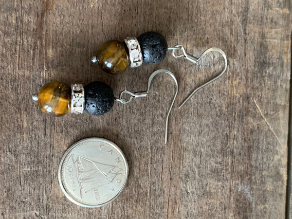 Boucles d’oreilles pierre de lave bijoux diffuseur aromathérapie et billes d’œil de tigre Comme un ange