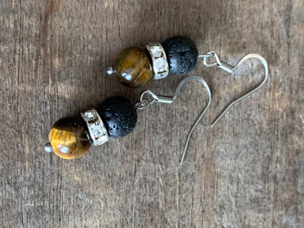 Boucles d’oreilles pierre de lave bijoux diffuseur aromathérapie et billes d’œil de tigre Comme un ange