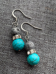 Boucles d’oreilles pierre de lave bijoux diffuseur aromathérapie et billes turquoise Comme un ange