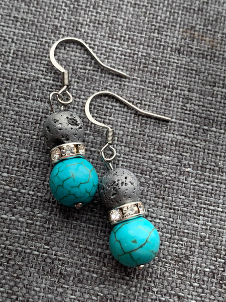Boucles d’oreilles pierre de lave bijoux diffuseur aromathérapie et billes turquoise Comme un ange
