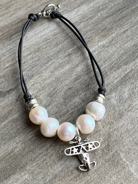 Bracelet cordon cuir perles avion Comme un ange