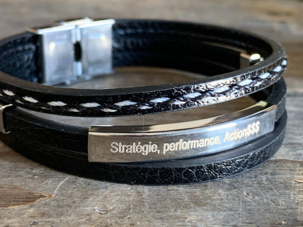 Stratégie performance actionsss bracelet cuir noir stainless Comme un ange