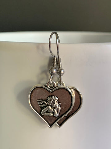 Boucles d’oreilles breloque coeur avec petit ange alliage de métaux argent