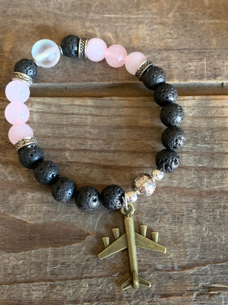 Bracelet quartz rose pierre de lave Comme un ange