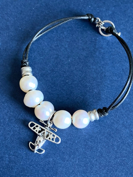 Bracelet cordon cuir perles avion Comme un ange