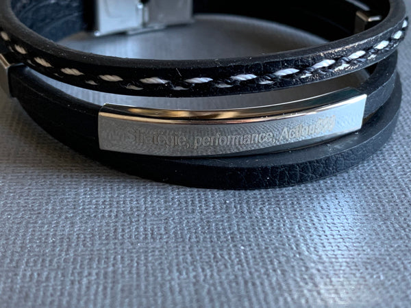 Stratégie performance actionsss bracelet cuir noir stainless Comme un ange
