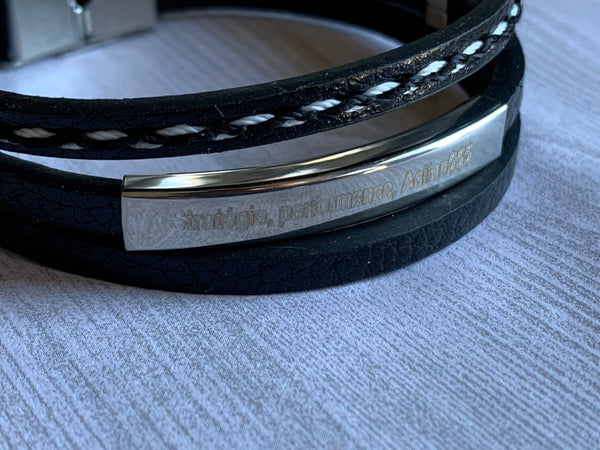 Stratégie performance actionsss bracelet cuir noir stainless Comme un ange