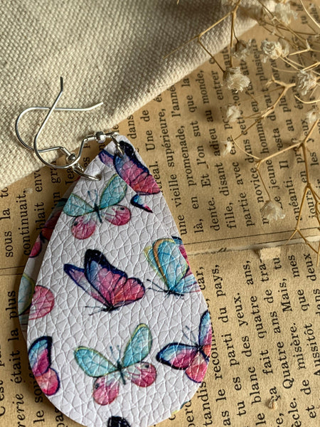 Boucles d’oreilles cuir papillon marine rose turquoise Comme un ange