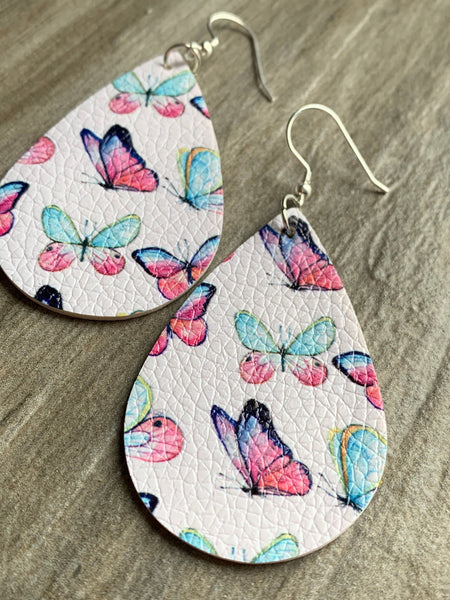 Boucles d’oreilles cuir papillon marine rose turquoise Comme un ange