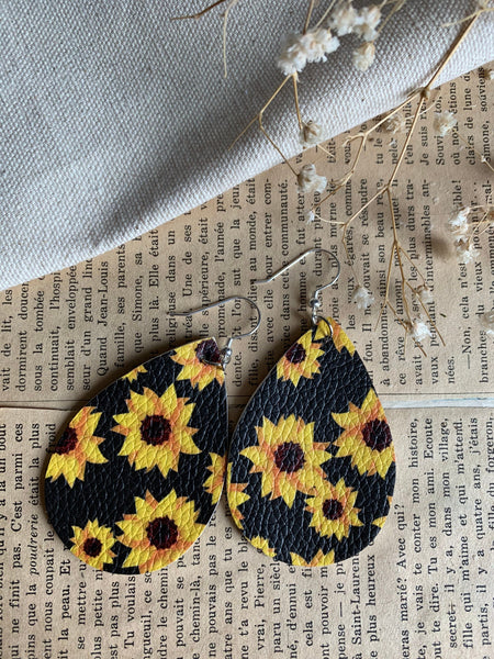 Boucles d’oreilles cuir tournesol fleur  noir jaune Comme un ange