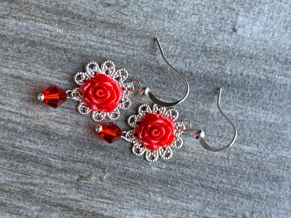 Boucles oreilles rouges boho vintage fleurs roses Comme un ange