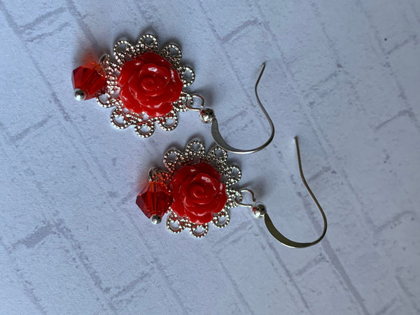 Boucles oreilles rouges boho vintage fleurs roses Comme un ange