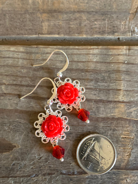 Boucles oreilles rouges boho vintage fleurs roses Comme un ange