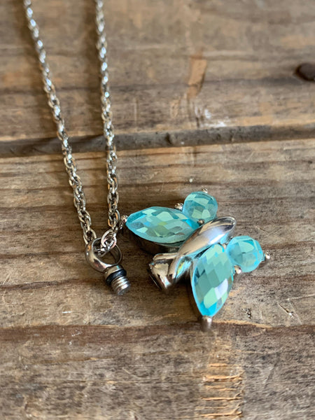 Collier breloque papillon bleu bijoux commémoratifs décès Comme un ange