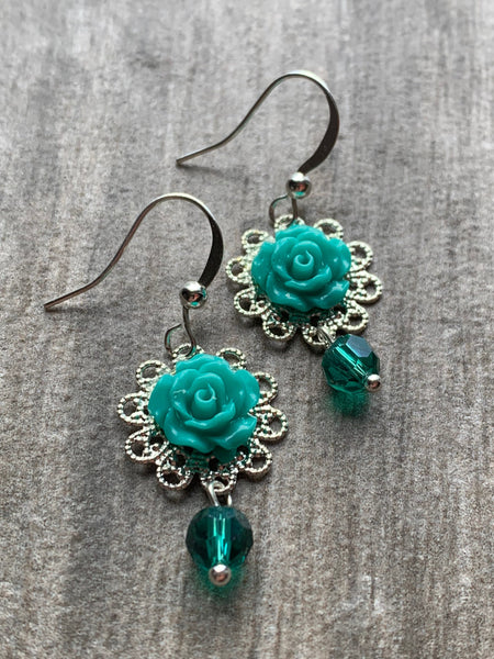 Boucles d’oreilles breloque fleur turquoise chic alliage de métaux argent Comme un ange