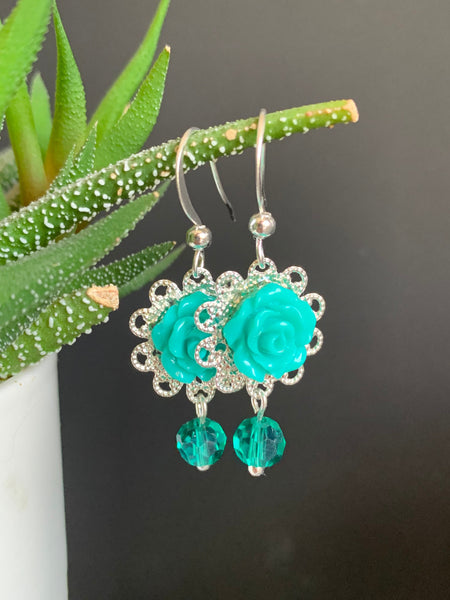Boucles d’oreilles breloque fleur turquoise chic alliage de métaux argent Comme un ange