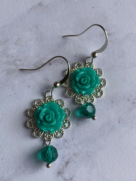 Boucles d’oreilles breloque fleur turquoise chic alliage de métaux argent Comme un ange