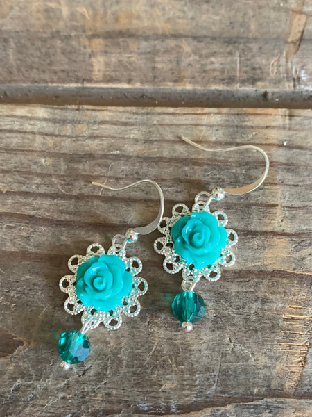 Boucles d’oreilles breloque fleur turquoise chic alliage de métaux argent Comme un ange