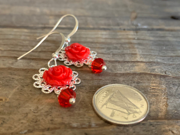 Boucles oreilles rouges boho vintage fleurs roses Comme un ange