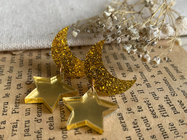 Boucles d’oreilles breloque lune et étoile Comme un ange