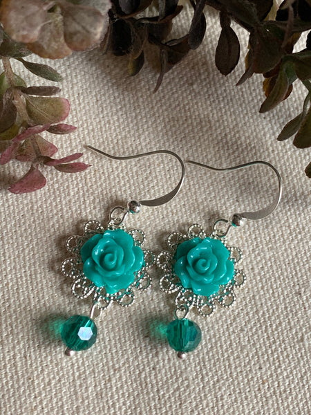 Boucles d’oreilles breloque fleur turquoise chic alliage de métaux argent Comme un ange