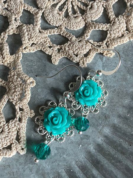 Boucles d’oreilles breloque fleur turquoise chic alliage de métaux argent Comme un ange
