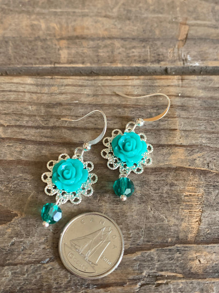 Boucles d’oreilles breloque fleur turquoise chic alliage de métaux argent Comme un ange