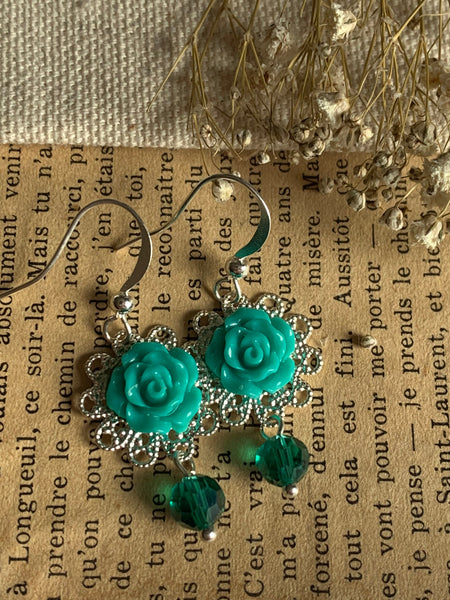 Boucles d’oreilles breloque fleur turquoise chic alliage de métaux argent Comme un ange