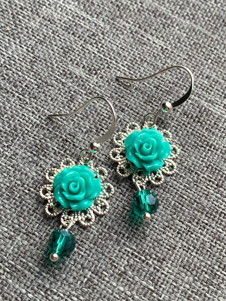 Boucles d’oreilles breloque fleur turquoise chic alliage de métaux argent Comme un ange