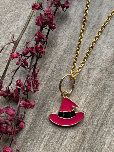 Collier Halloween breloque chapeau de sorcière rose alliage de métaux or Comme un ange