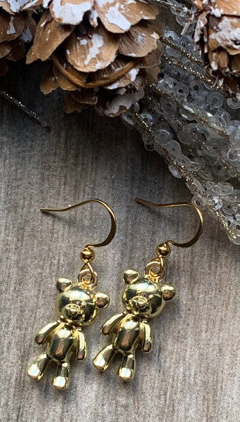Boucles d’oreilles hiver, temps des fêtes,  ourson dorée  genre gummy Comme un ange