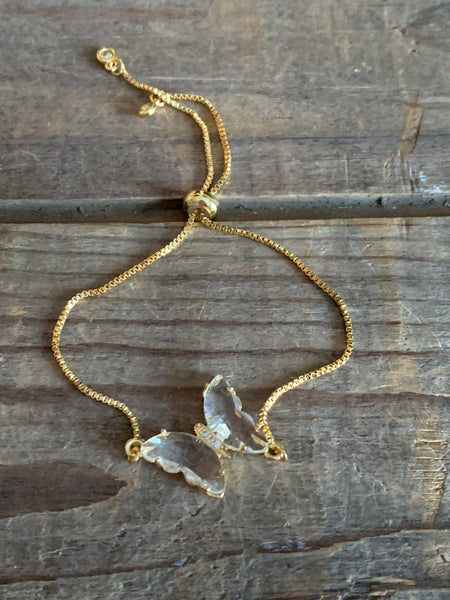Bracelet ajustable alliage de métaux or breloque papillon pierre transparentes Comme un ange