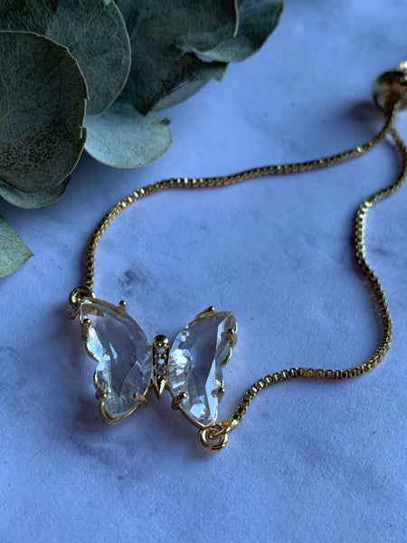 Bracelet ajustable alliage de métaux or breloque papillon pierre transparentes Comme un ange