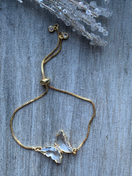Bracelet ajustable alliage de métaux or breloque papillon pierre transparentes Comme un ange