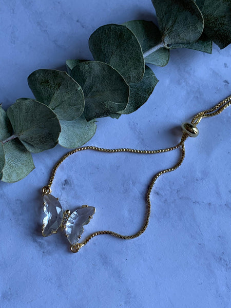 Bracelet ajustable alliage de métaux or breloque papillon pierre transparentes Comme un ange