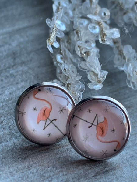 Boucles d’oreilles cabochon de verre alliage de métaux argent flamant rose Comme un ange