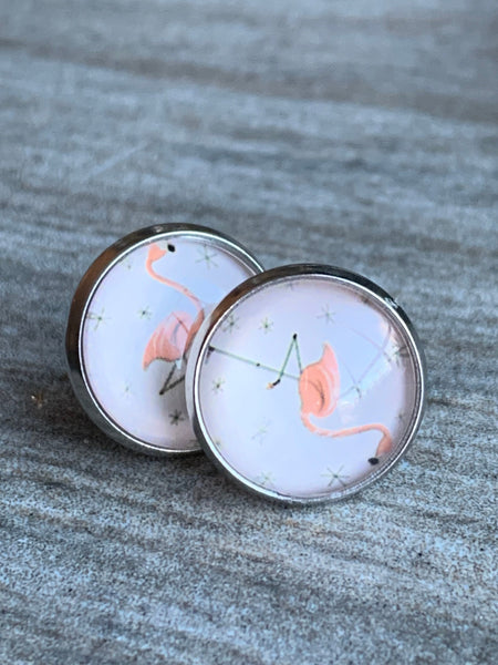 Boucles d’oreilles cabochon de verre alliage de métaux argent flamant rose Comme un ange