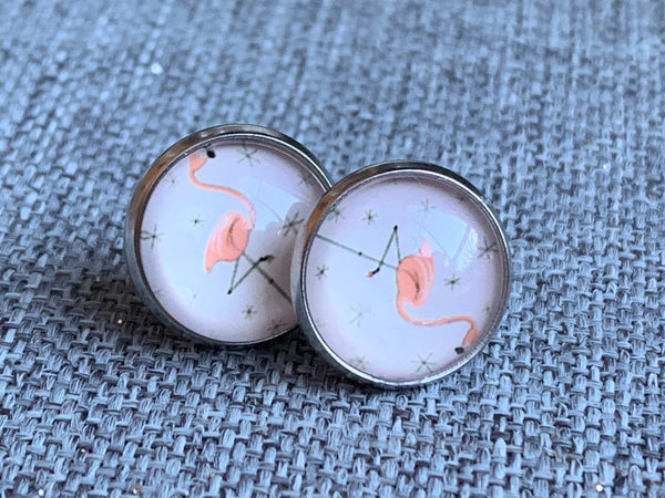 Boucles d’oreilles cabochon de verre alliage de métaux argent flamant rose Comme un ange
