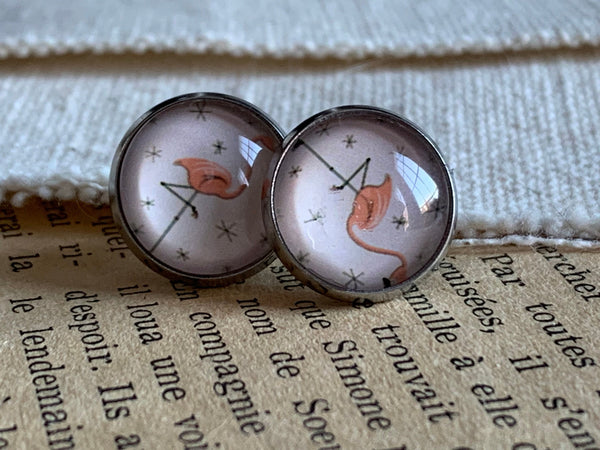 Boucles d’oreilles cabochon de verre alliage de métaux argent flamant rose Comme un ange