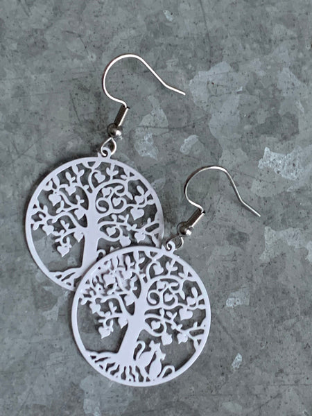 Boucles d’oreilles breloque arbre de vie blanc sur crochet alliage de métaux argent Comme un ange