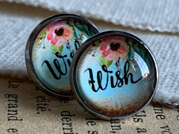 Boucles d’oreilles cabochon de verre wish avec des fleurs