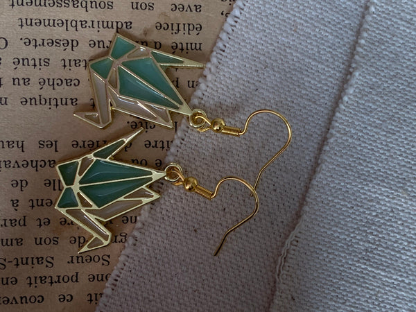 Boucles d’oreilles breloque cygne en origami turquoise et or Comme un ange