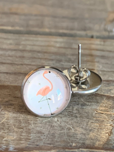 Boucles d’oreilles cabochon de verre alliage de métaux argent flamant rose Comme un ange