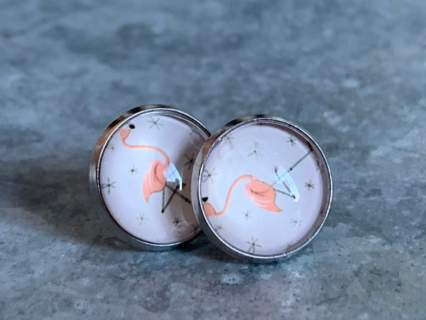 Boucles d’oreilles cabochon de verre alliage de métaux argent flamant rose Comme un ange