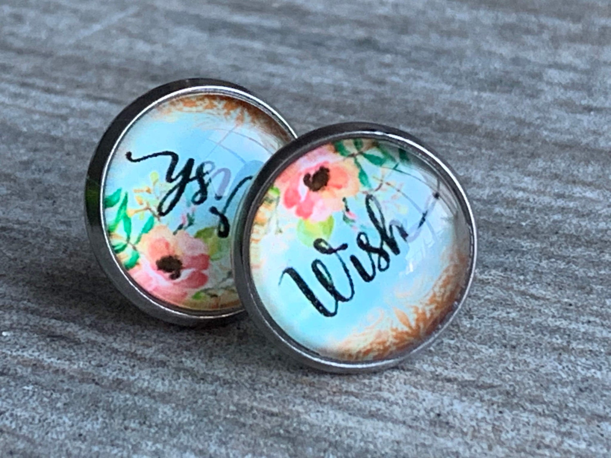 Boucles d’oreilles cabochon de verre wish avec des fleurs Comme un ange
