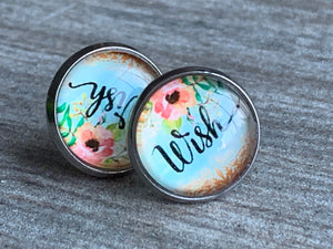 Boucles d’oreilles cabochon de verre wish avec des fleurs Comme un ange