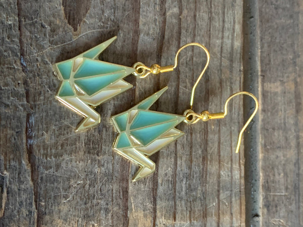 Boucles d’oreilles breloque cygne en origami turquoise et or Comme un ange
