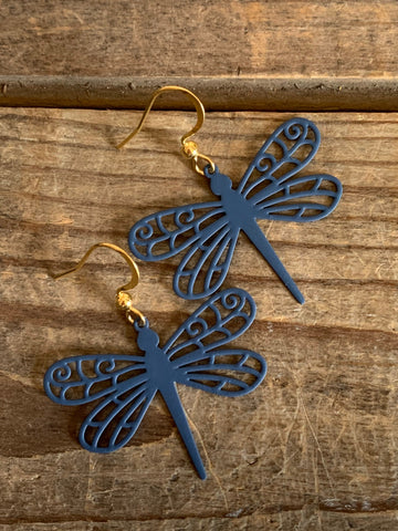 Boucles d’oreilles breloque libellule bleu sur crochet alliage de métaux couleur ton or