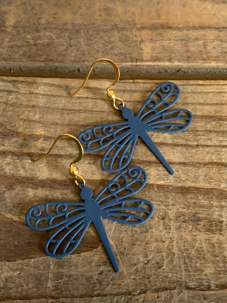 Boucles d’oreilles breloque libellule bleu sur crochet alliage de métaux couleur ton or Comme un ange